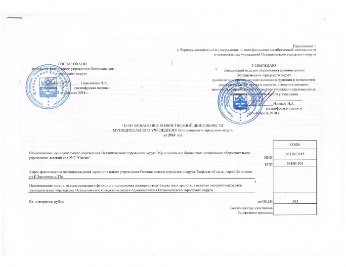 План финансово-хозяйственной деятельности муниципального учреждения Осташковского городского округа на 2018 год
